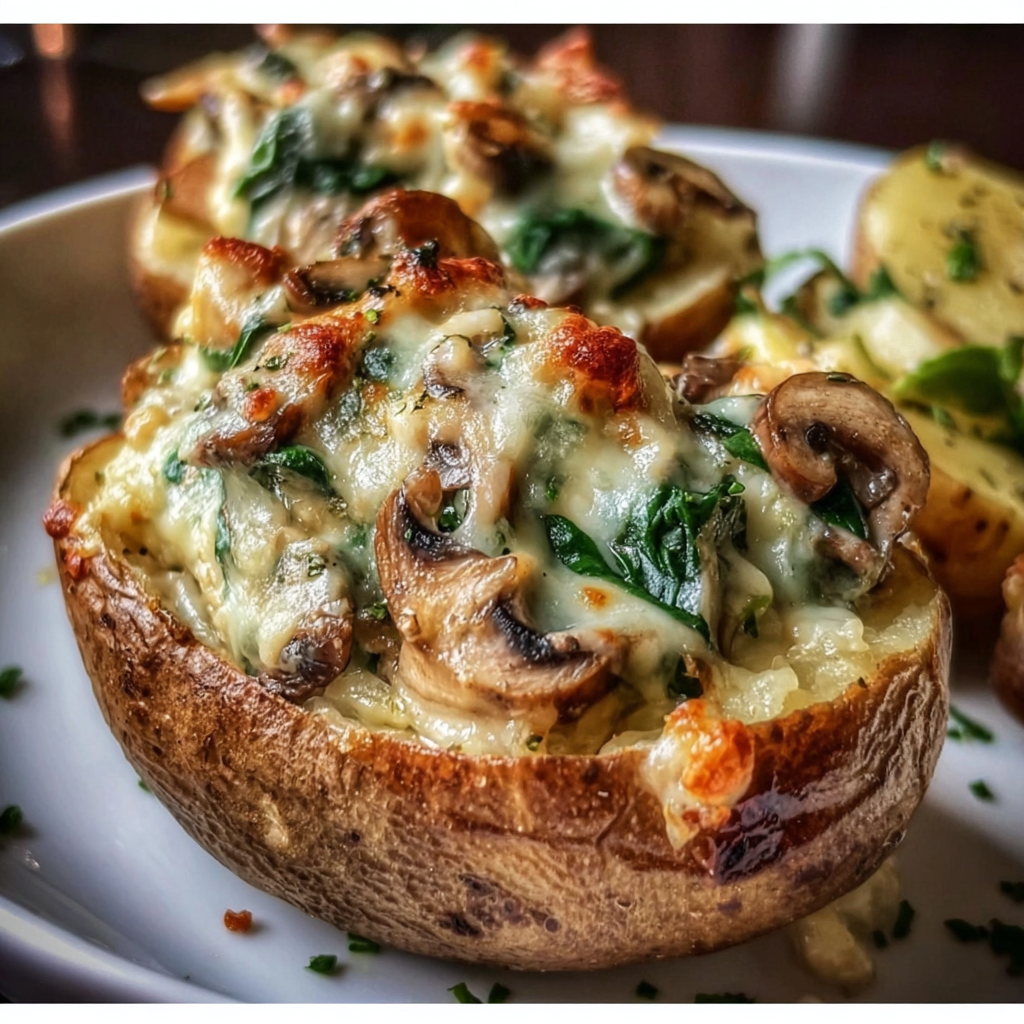 Cheesy Twice-Baked Stuffed Potatoes With Spinach & Mushrooms Recipe