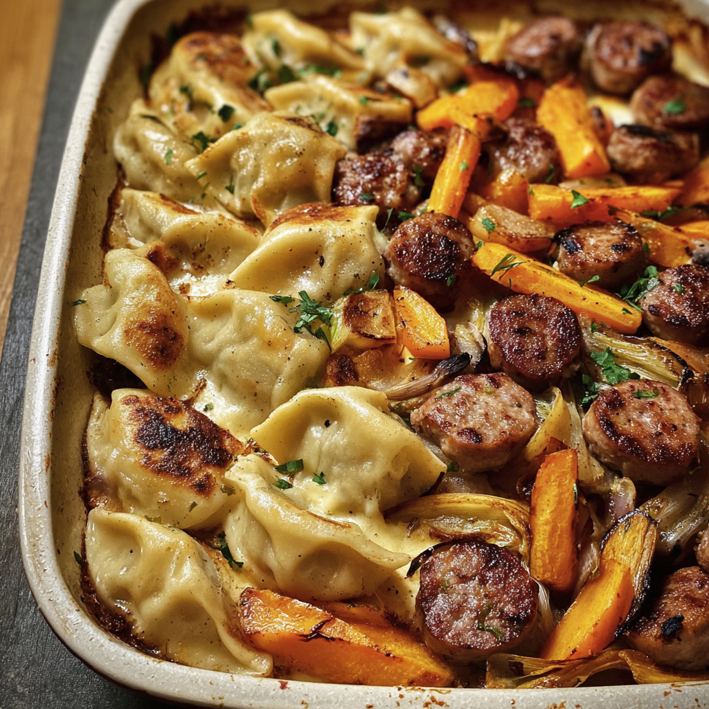 Simple Pierogi Sausage and Veggie Bake by Olive and Mango