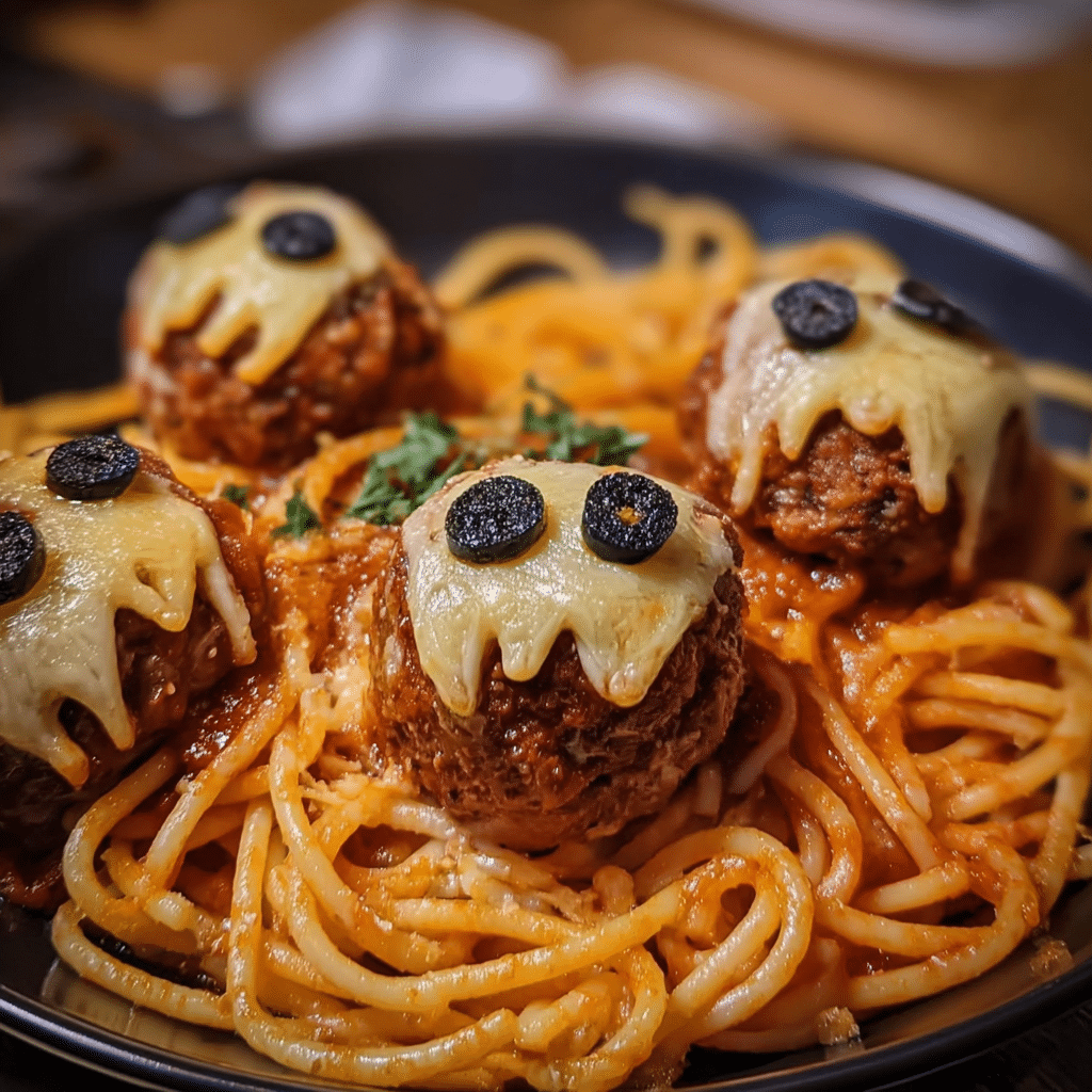 Spooky Spaghetti & Cheesy Monster Meatballs