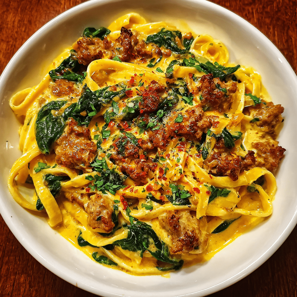 Creamy Butternut Squash Pasta with Sausage and Spinach