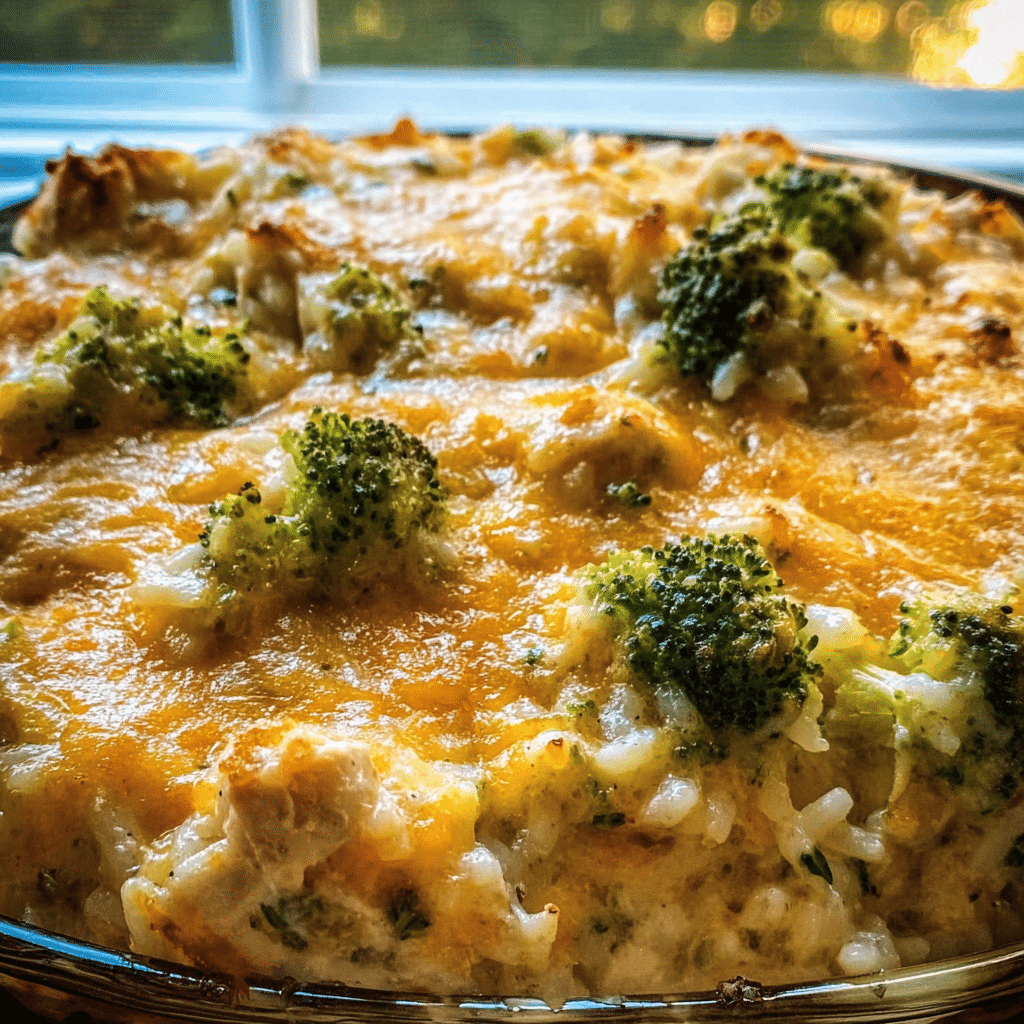 Creamy Chicken Broccoli Rice Cheese Casserole