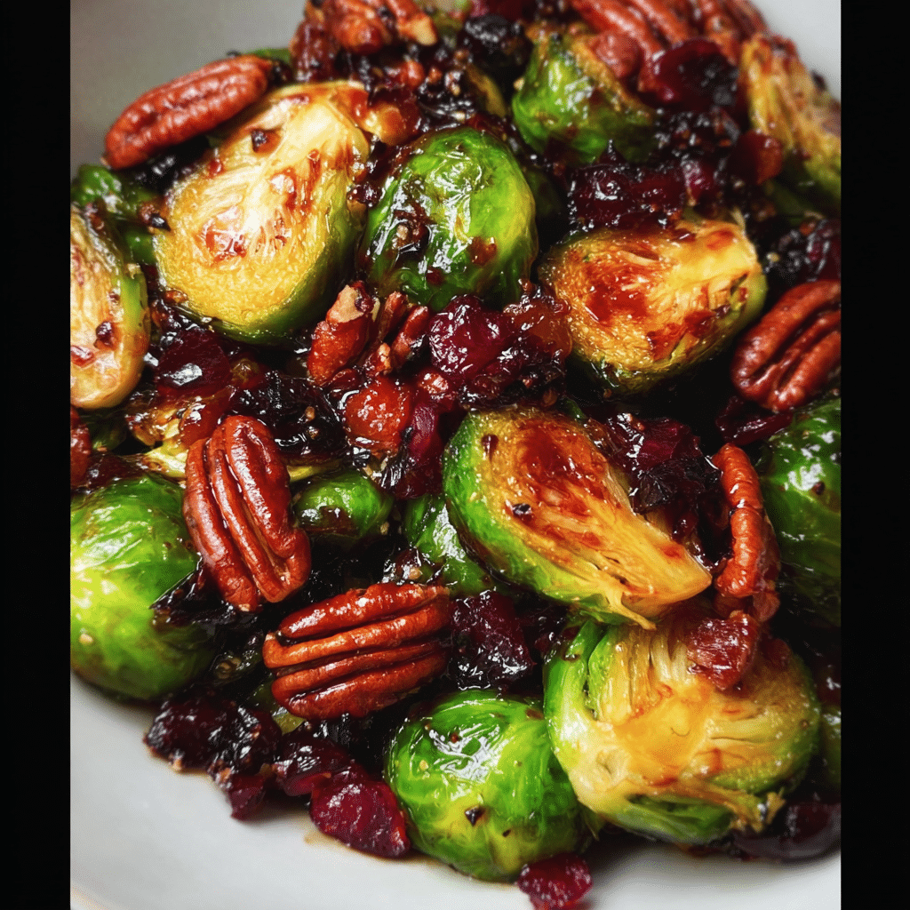 Brussels sprouts with Bacon, Pecans, Cranberries, and Balsamic Glaze