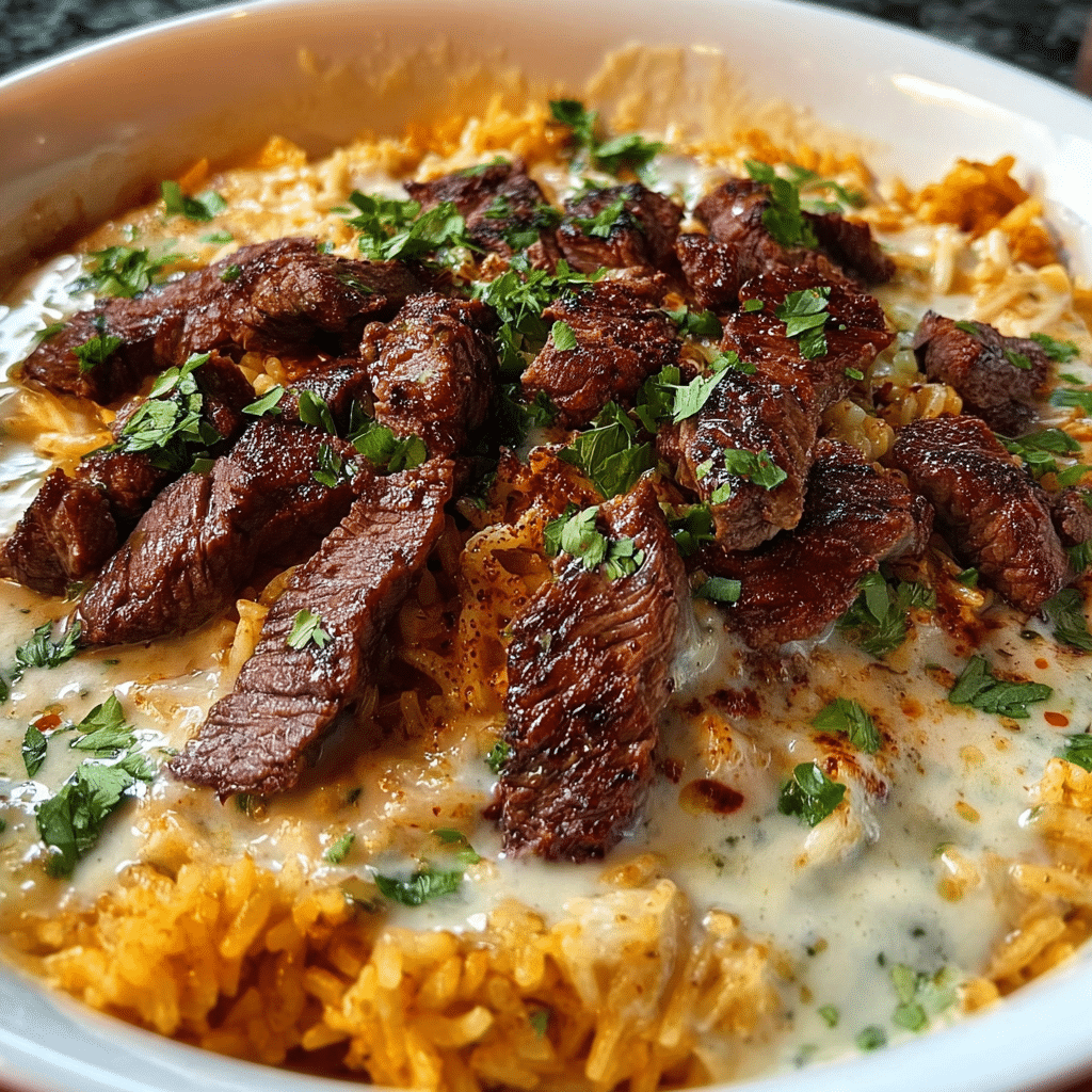 Creamy Queso Rice with Juicy Steak Strips