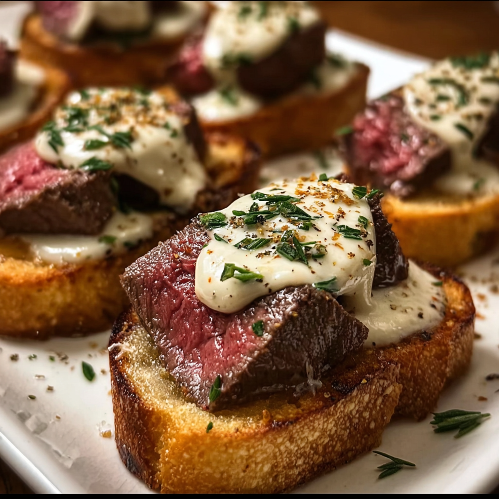 Beef Tenderloin Crostini with Parmesan Cream Sauce
