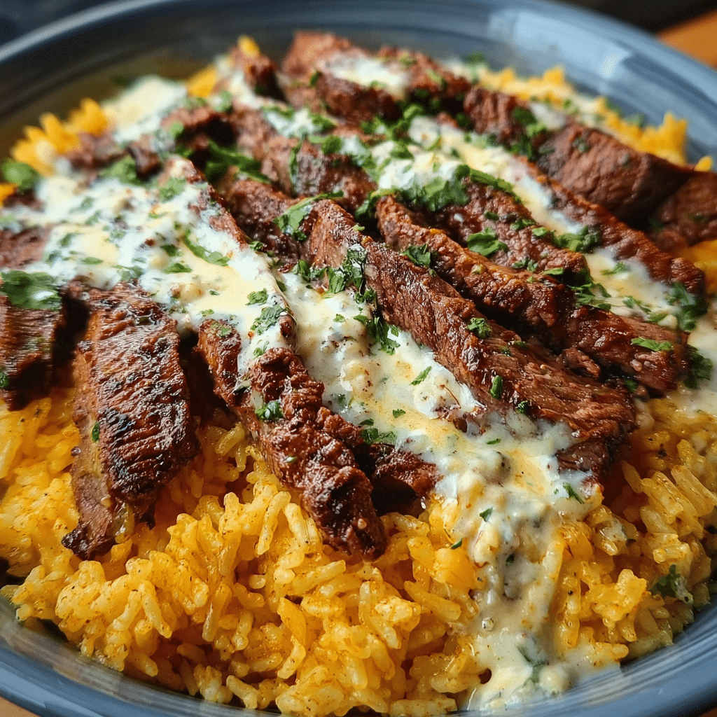 Creamy Queso Rice with Juicy Steak Strips