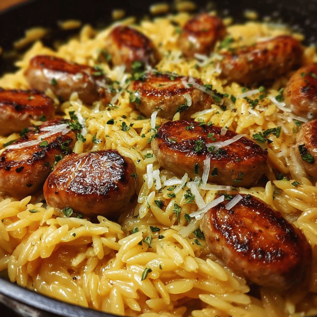 One-Pot Garlic Butter Sausage and Orzo Delight