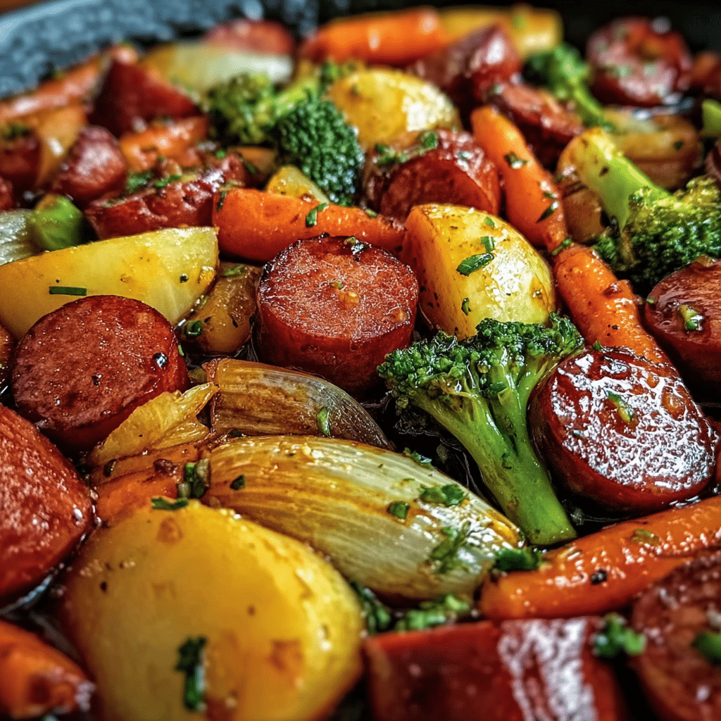 Tasty One-Pan Honey Garlic Kielbasa & Veggies