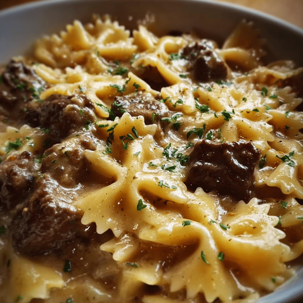 Creamy Parmesan Garlic Beef Bowtie Pasta