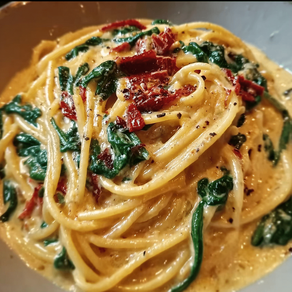 Spaghetti & Spinach with Sun-Dried Tomato Cream Sauce