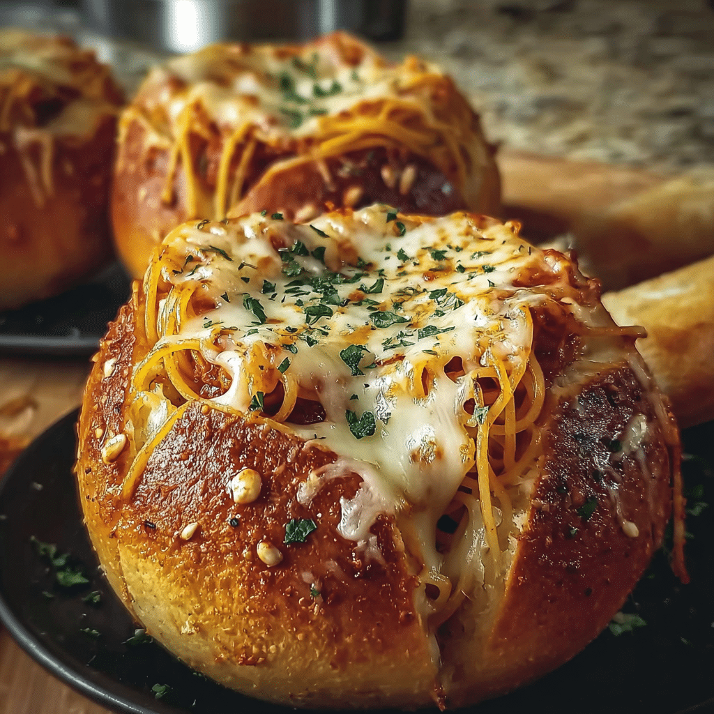 Easy Spaghetti Garlic Bread Bowls
