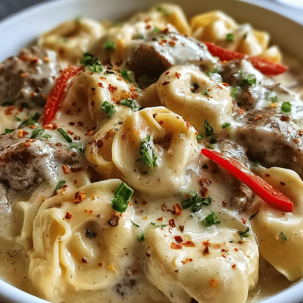 Cheesesteak Tortellini in Creamy Provolone Sauce