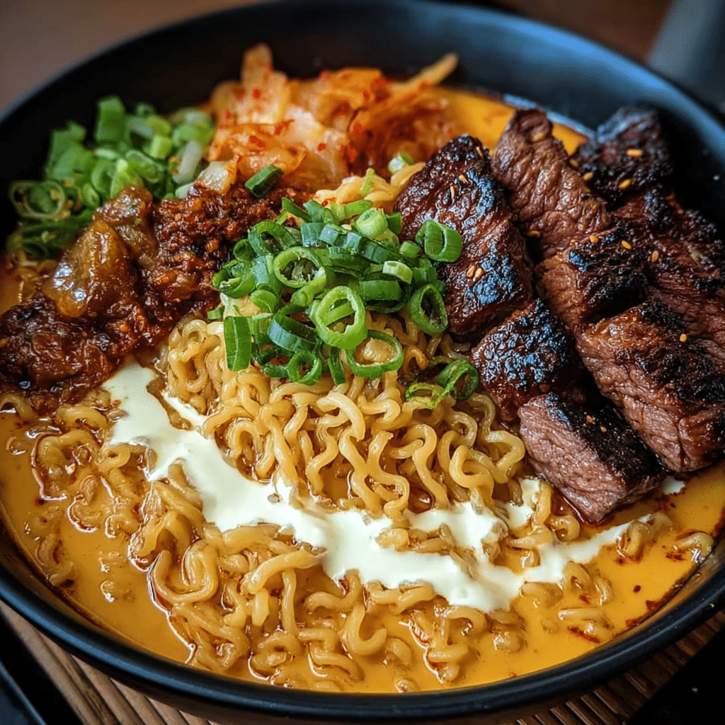 Spicy Korean Ramen with Grilled Beef & Creamy Sauce