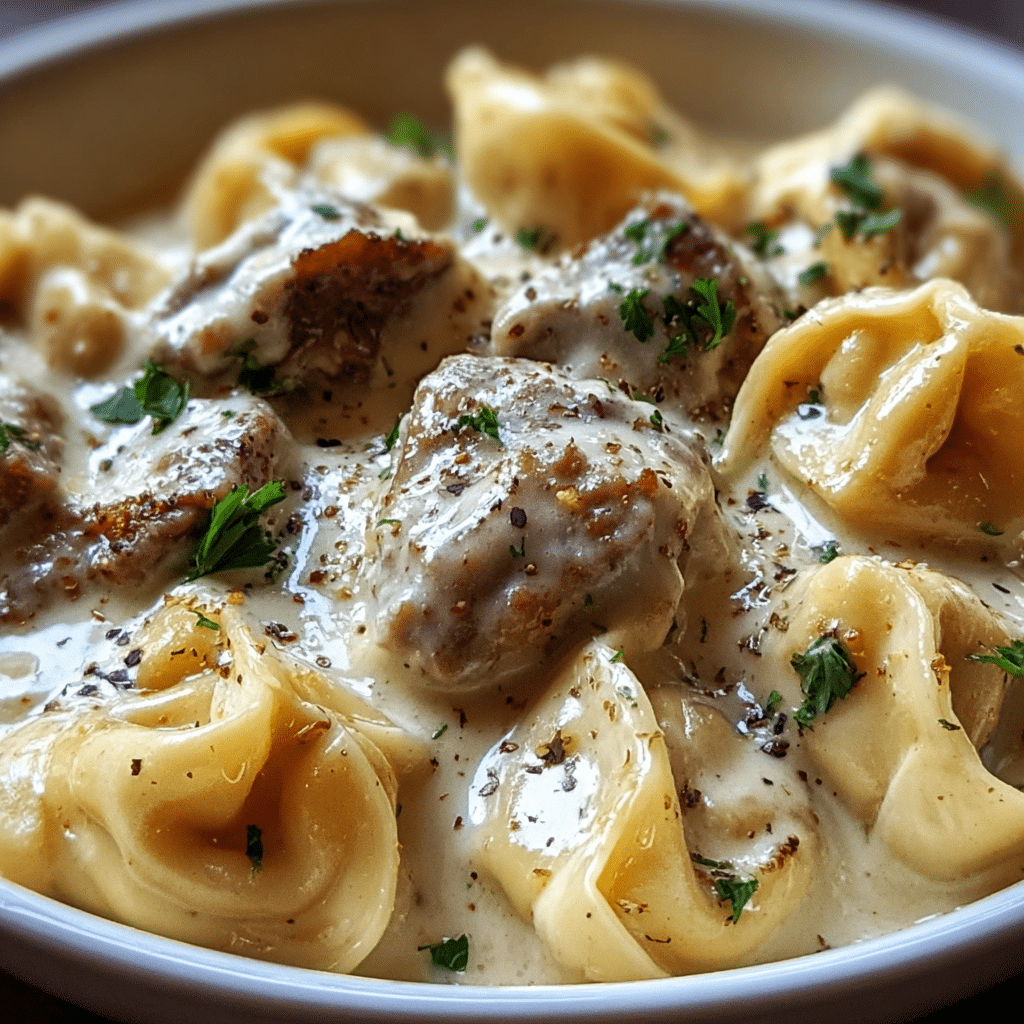 Cheesesteak Tortellini in Creamy Provolone Sauce