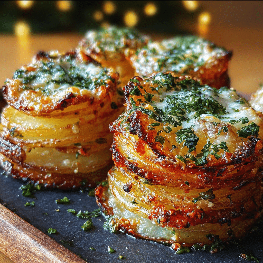 Crispy Roasted Garlic Parmesan Potato Stacks