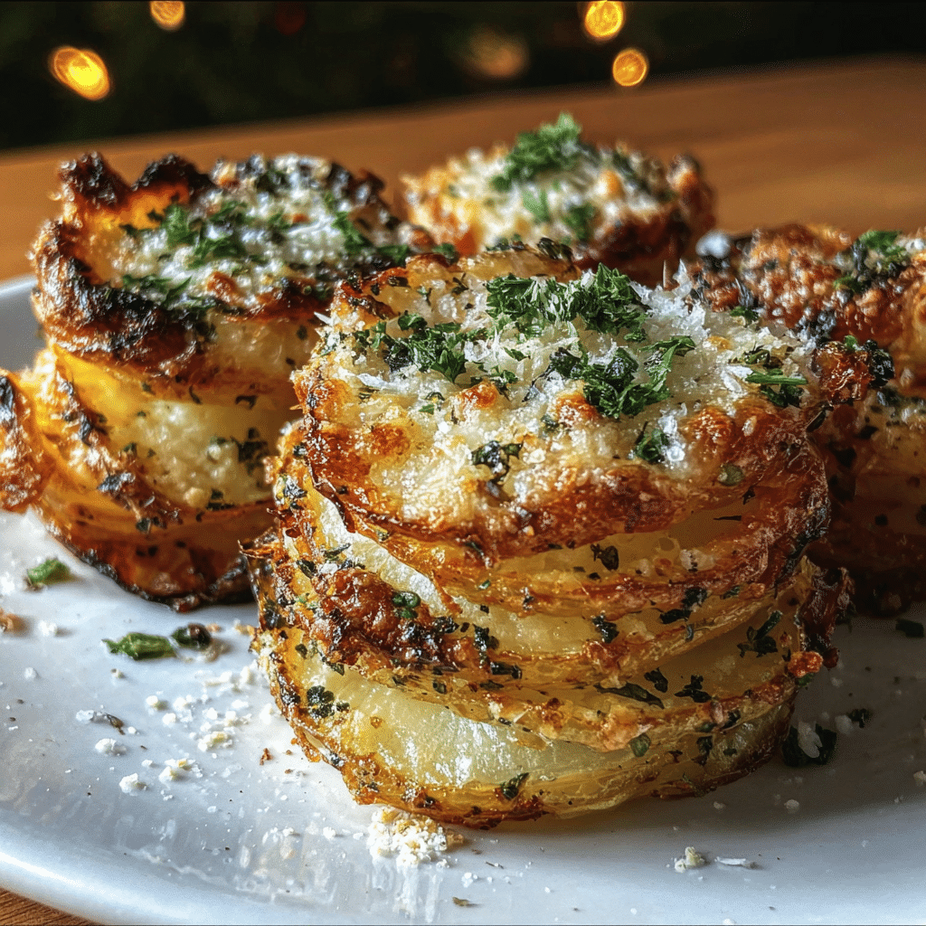 Crispy Roasted Garlic Parmesan Potato Stacks