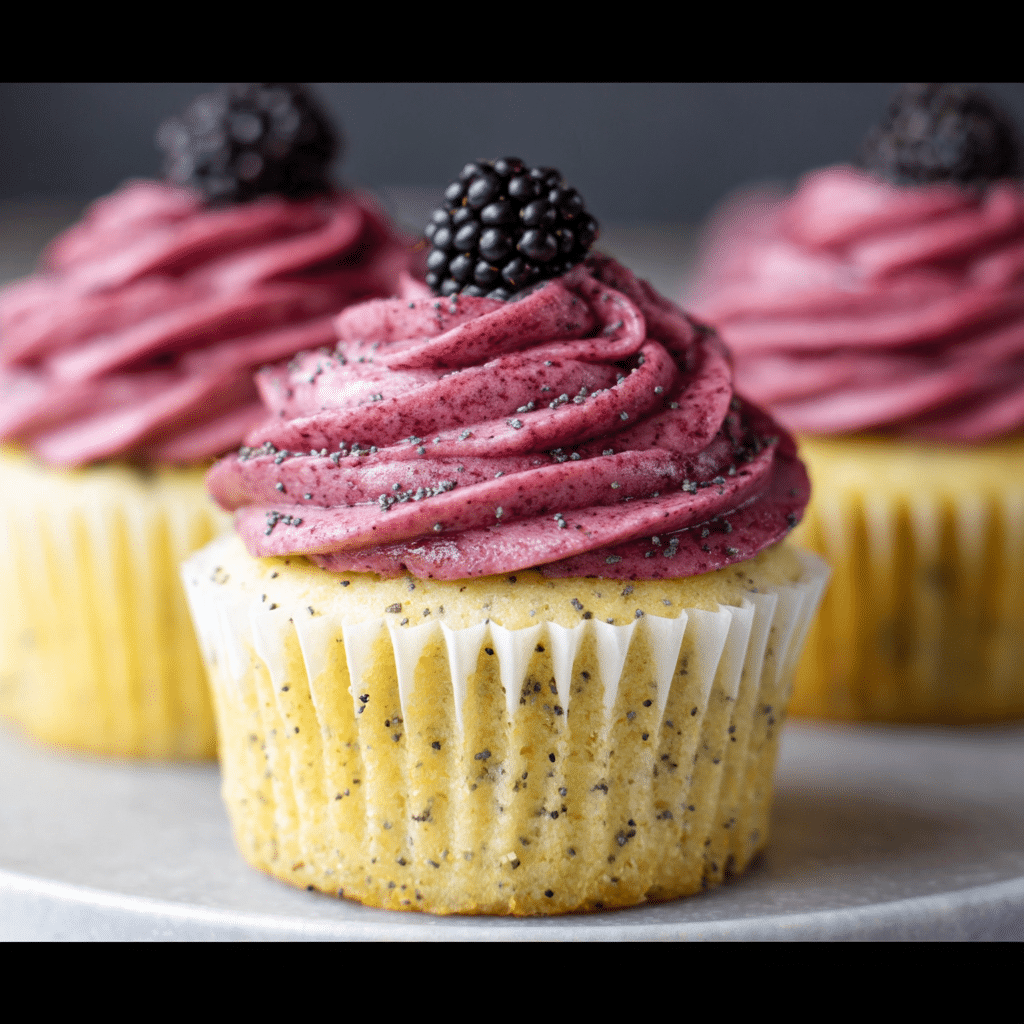 Lemon Poppy Seed Cupcakes With Blackberry Frosting