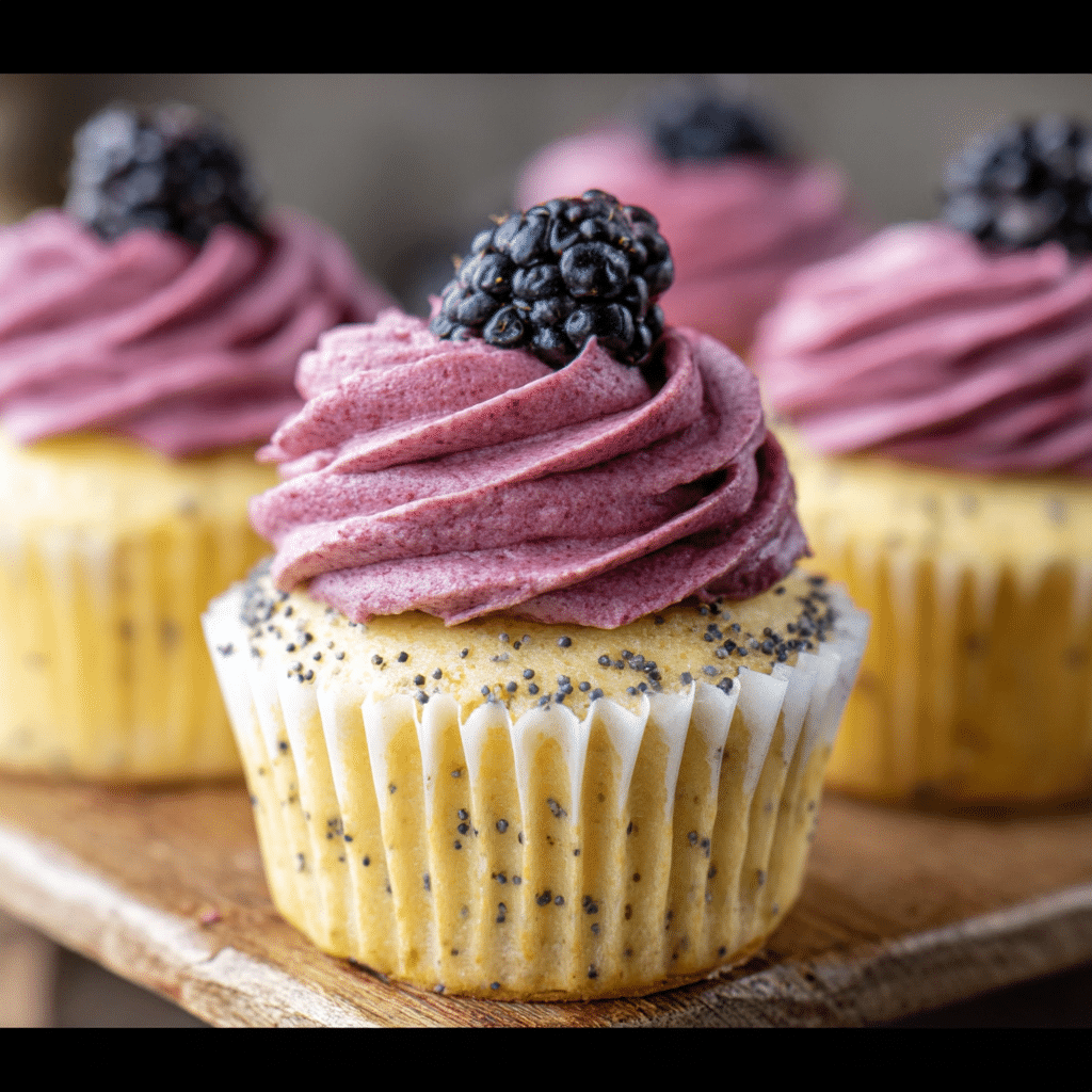 Lemon Poppy Seed Cupcakes With Blackberry Frosting