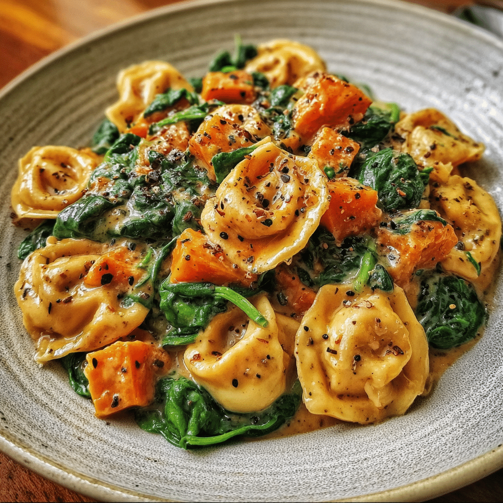 Creamy Skillet Tortellini With Sweet Potato And Spinach