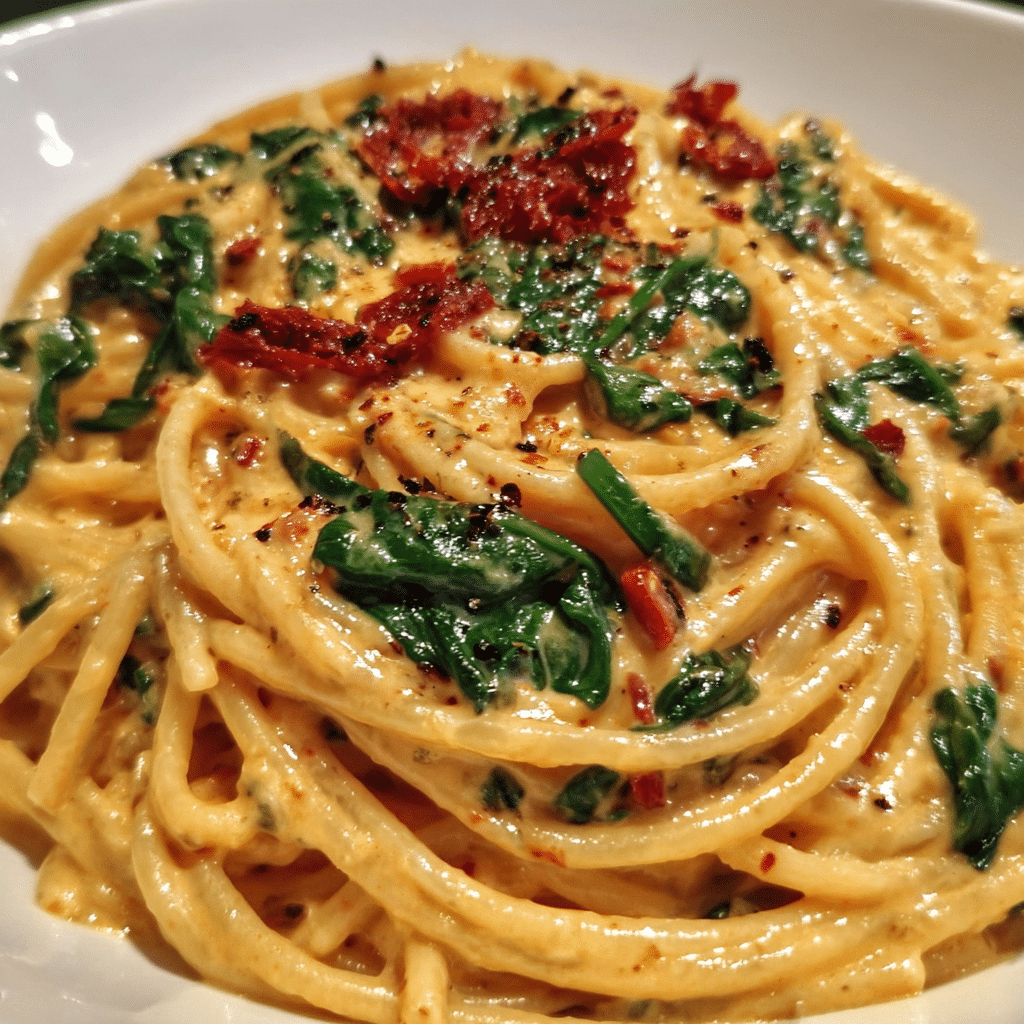 Spaghetti And Spinach With Sun Dried Tomato Cream Sauce