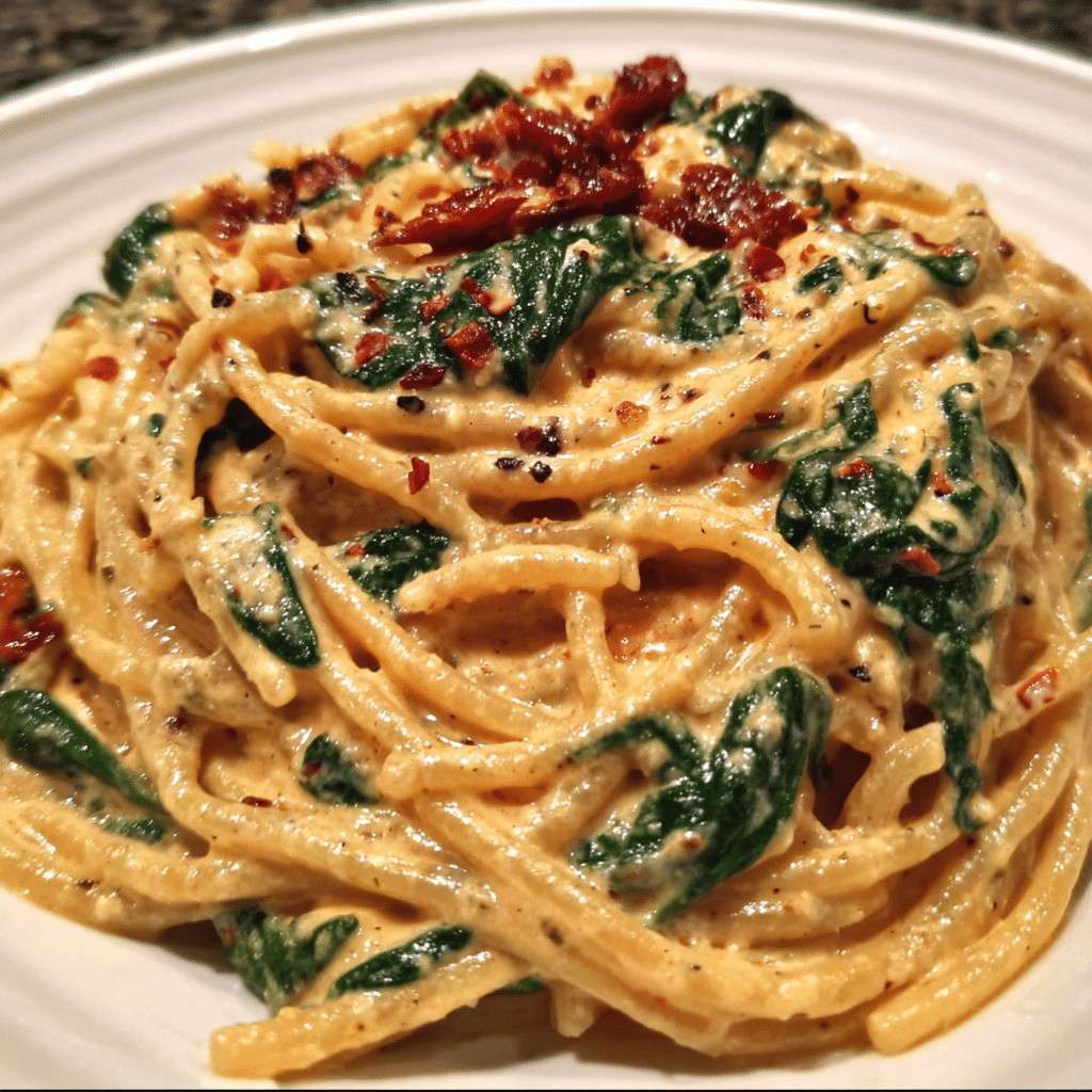 Spaghetti And Spinach With Sun Dried Tomato Cream Sauce