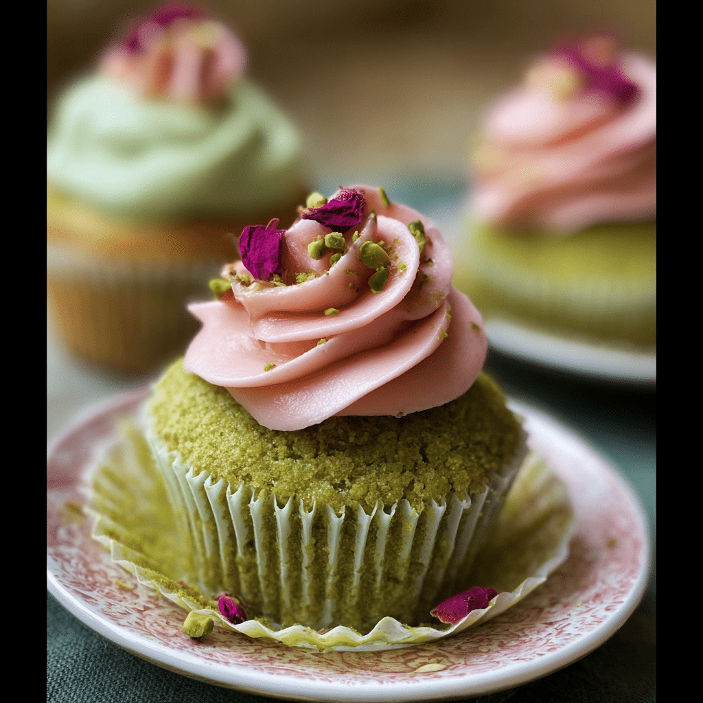 Vegan Mini Rose Pistachio Cupcakes